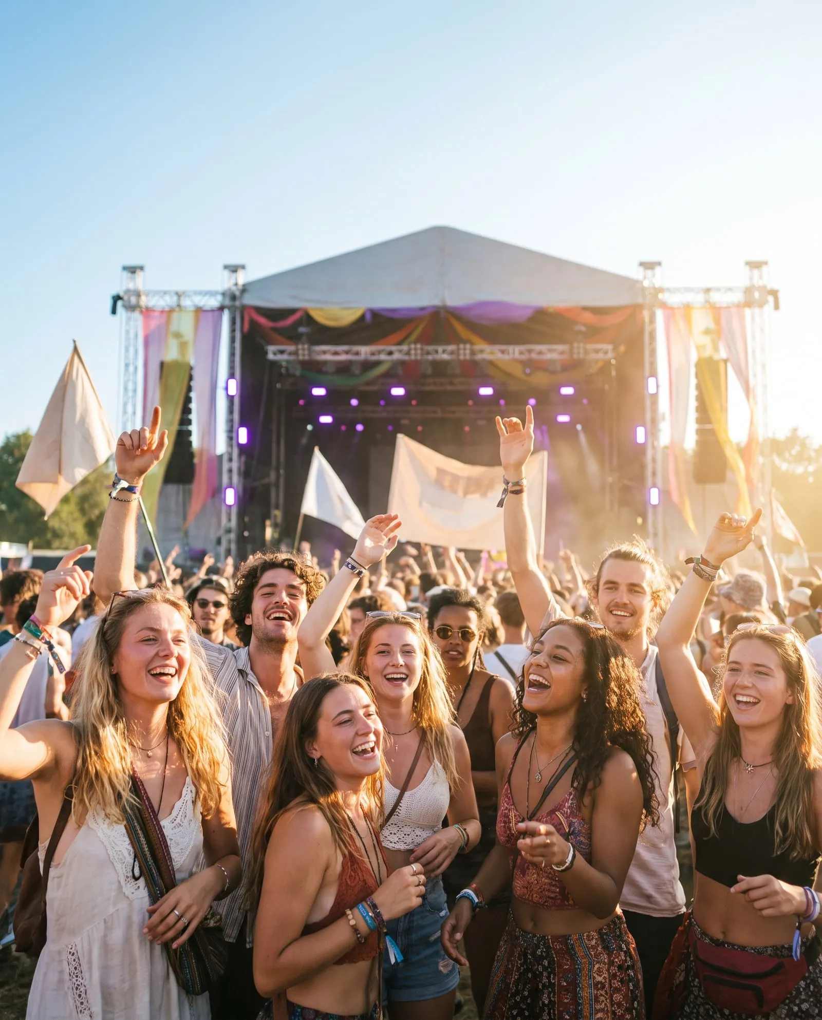 Ausgelassene Menschen vor einer Festivalbühne an einem sonnigen Sommertag