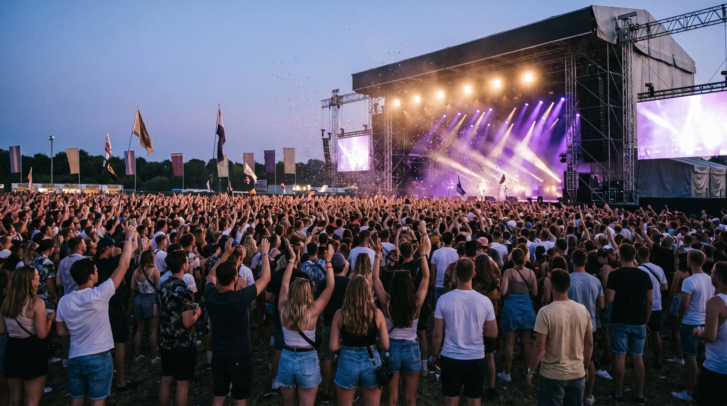 Menschenmenge vor einer beleuchteten Festivalbühne in der Abenddämmerung